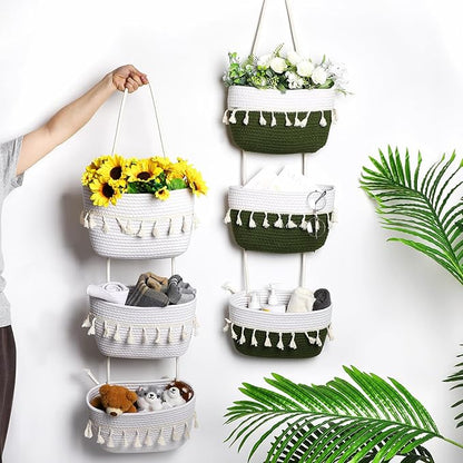 Over The Door Hanging Basket Boho Woven Wall Hanging Baskets 3-Tier Cotton Wall Mounted Storage Organizer Bag Macrame Decorative Hanging Baskets for Kitchen Laundry Room Stairs(White, Green)