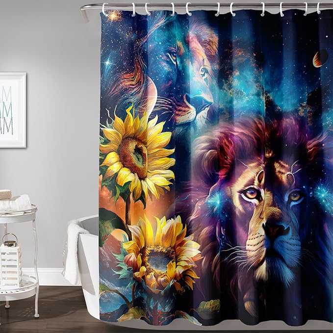 AILONEN Lion Shower Curtain for Kids Boys Teens,Galaxy Sunflower Lion Bath Curtain for Bathroom Decor,Modern Romantic Polyester Waterproof with 12 Plastic Hooks 60" W*72" H