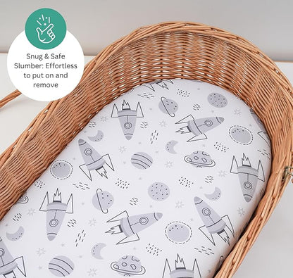 Bassinet Sheets for Delta Children Sweet Dreams, Slumber, Rocking, Curve, and Deluxe Beginnings Bedside Bassinet, 3 Pack, 16 x 32, Ultra Soft, Breathable, Unisex Boys Girls, Gray (Space Rockets)