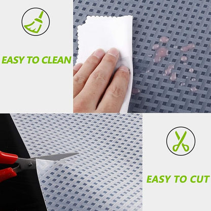 HooTown Refrigerator, Fridge, Shelf Liner and Drawer Mats 17.5 Inch Wide x 393.7 Inch Long, Non Slip EVA Plastic Washable Waterproof Pads for Kitchen Cabinet, Pantry Closet, Cupboard, Clear