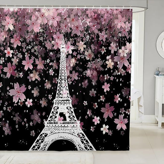Feelyou Eiffel Tower Shower Curtain 72"x78" Kids Cherry Blossoms Bathroom Shower Curtain Set for Boys Girls Teens Romantic Paris Bath Curtain Floral Botanical Bathroom Accessories