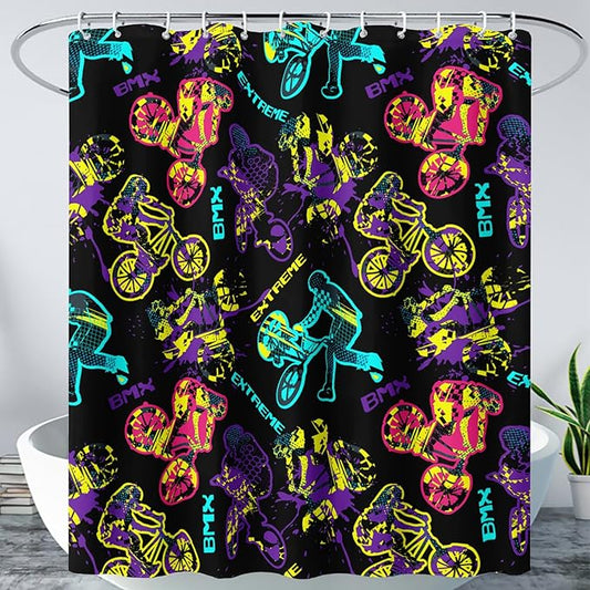 AILONEN Motocross Shower Curtain,Motorcycle Racer Bath Curtain,Extreme Sports Decoration,Colorful Graffiti Dirt Bike Shower Curtain for Kids Boys,Black Washable, 72" W x 96" H