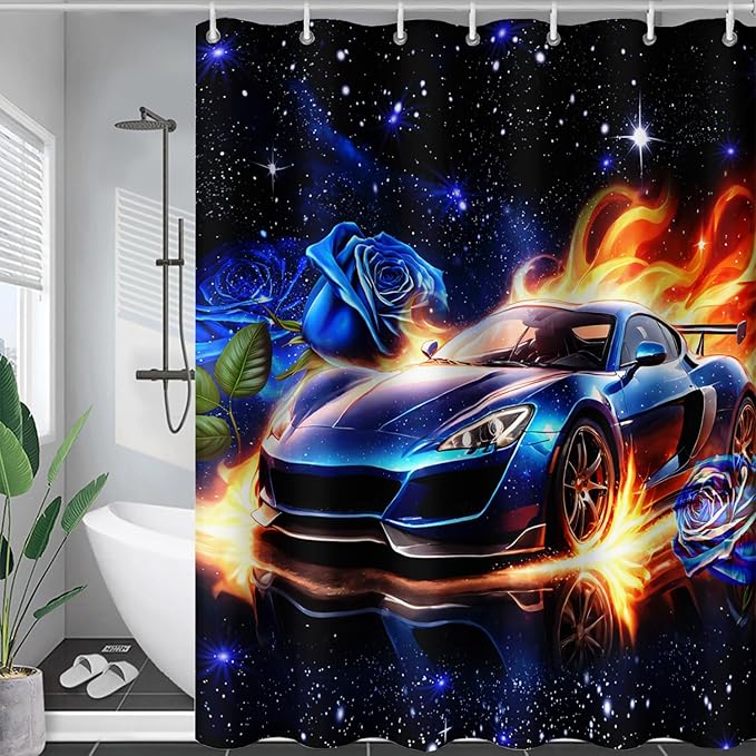 AILONEN Racing Car Shower Curtain for Bathroom, Blue Galaxy Starry Sports Cat Bath Curtain,Speed Car Shower Curtain for Kids Teen,Waterproof Curtain Bathroom 48" W*72" H Decor with 12 Plastic Hooks