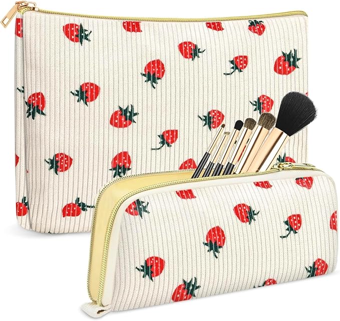 Cosmetis Bag Makeup Bag for Women, Gifts for Girls, Corduroy Strawbery Cute Travel Make up Bag Toiletry Bag Girlfriend Teacher Gifts Birthday Gift for Her