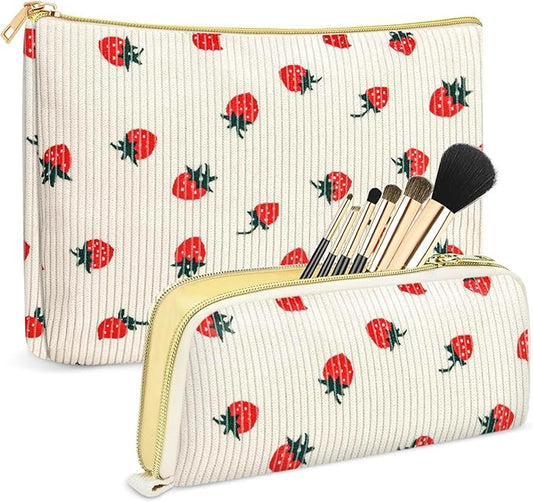 Cosmetis Bag Makeup Bag for Women, Gifts for Girls, Corduroy Strawbery Cute Travel Make up Bag Toiletry Bag Girlfriend Teacher Gifts Birthday Gift for Her