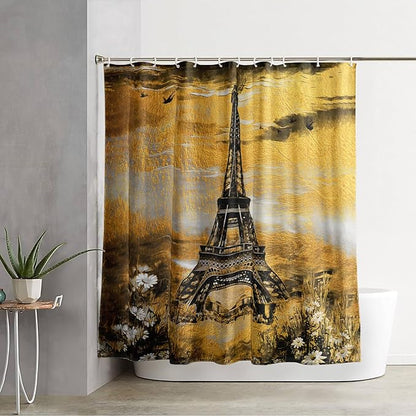 AILONEN Eiffel Tower Shower Curtain,Afterglow Tower Bathroom Fabric Shower Curtain for Boys Kids Teens, 60" W*72" H Vintage Orange & Black Style Paris Tower Bathroom Decor