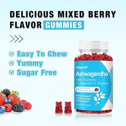 2 Pack Ashwagandha Gummies with L-theanine, 2500mg Ashwa Root Supplement Gummy for Women Men, 120 Mixed Berry Flavored Gummies