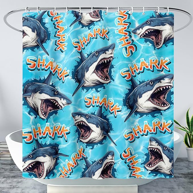 AILONEN Blue Shark Shower Curtain,Scream Shark Bath Curtain Gifts for Kids,Ocean Animal Polyester Waterproof with 12 Plastic Hooks, 36" W*72" H Blue