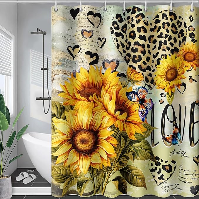 AILONEN Sunflower Waterproof Shower Curtain,Yellow Sunflower Bath Curtain for Girls Women,Romantic Hearts Butterfly Flower Bathroom Curtain with 12 Plastic Hooks, 72" W x 84" H