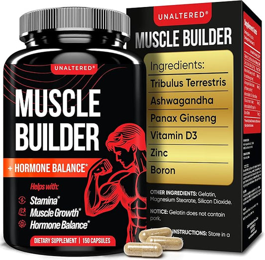 UNALTERED Muscle Builder for Men - Supports Muscle Growth, Size, Strength - Natural Muscle Building Supplement & Energy Booster - Tribulus Terrestris, Ginseng, Vitamin D3, Ashwagandha - 150 Capsules