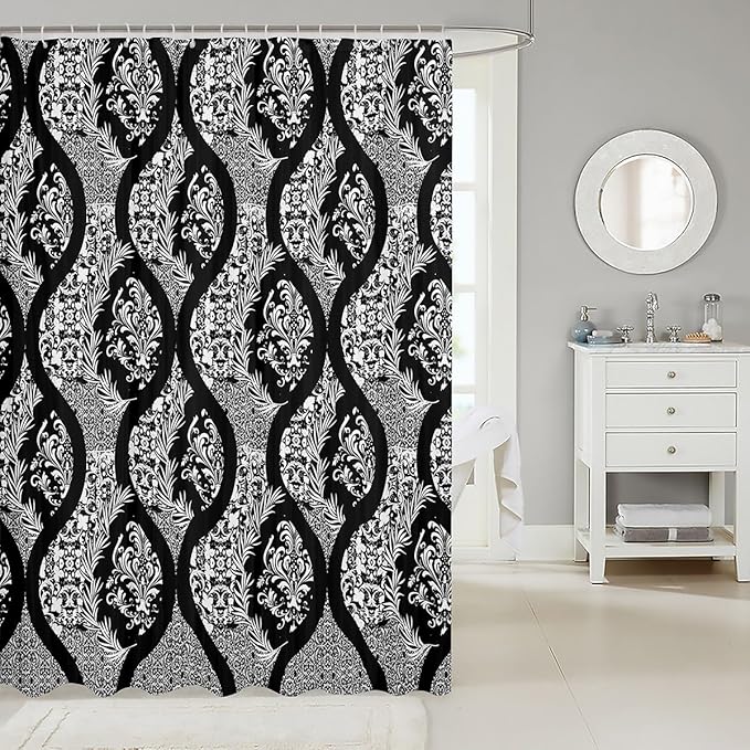 Feelyou Damask Pattern Shower Curtain 72"x84" Kids White Vintage Floral Bathroom Shower Curtain Set for Boys Girls Teens Black Geometric Stripe Bath Curtain Baroque Style Bathroom Accessories