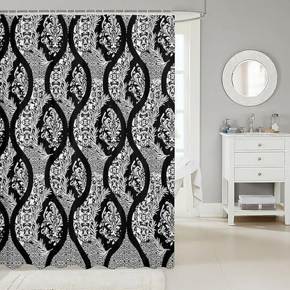 Feelyou Damask Pattern Shower Curtain 72"x84" Kids White Vintage Floral Bathroom Shower Curtain Set for Boys Girls Teens Black Geometric Stripe Bath Curtain Baroque Style Bathroom Accessories