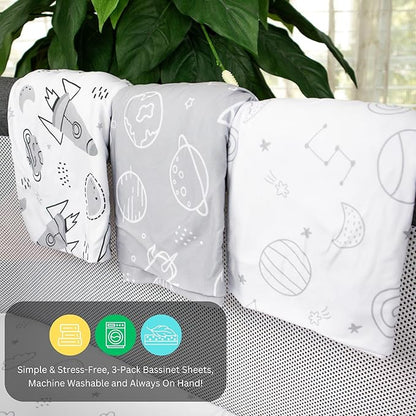TansyPanda Bassinet Sheets for Bellababy, Besrey, AMKE, and Milliard Bedside Bassinet Sleeper, 3PC, 18 x 30 Inch, Ultra Soft, Breathable, Snug Fit, Unisex Boys, Girls, Gray White (Space Rockets)