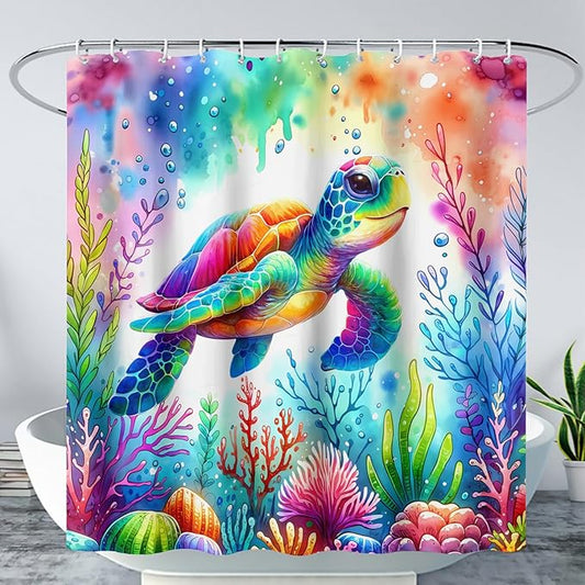 AILONEN Colorful Sea Turtle Shower Curtain, Cartoon Ocean Theme World Cloth Bath Curtain for Bathroom,Watercolor Underwater Waterproof Fabric Shower Curtain Set with Hooks,60" Wx72 H