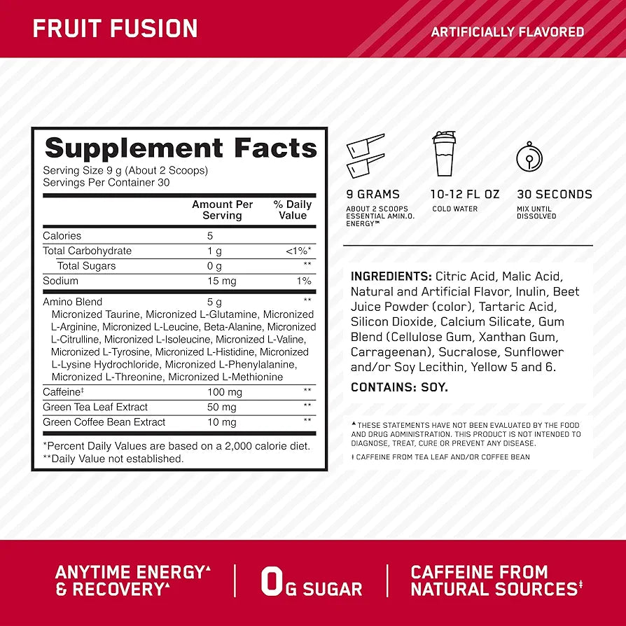 Optimum Nutrition Amino Energy - Pre Workout with Green Tea, BCAA, Amino Acids, Keto Friendly, Green Coffee Extract, Energy Powder - Fruit Fusion, 30 Servings 