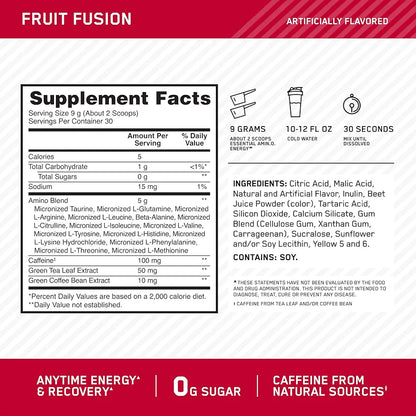 Optimum Nutrition Amino Energy - Pre Workout with Green Tea, BCAA, Amino Acids, Keto Friendly, Green Coffee Extract, Energy Powder - Fruit Fusion, 30 Servings 