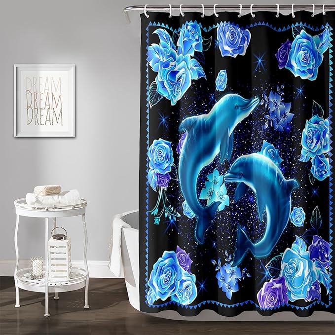 AILONEN Catrtoon Dolphin Shower Curtain Bathroom 36" W*72" H Blue Dolphin Curtain Cloth Fabric Bathroom for Kids Girls,3D Blue Rose with Jumping Dolphins Shower Curtain Set