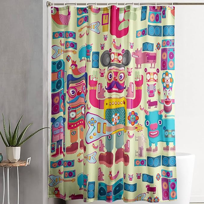 AILONEN Cartoon Robot Shower Curtain Sets,Beautiful Music Guitar Robots Theme Bathroom Decors, 72" W*84" H Cute Shower Curtain for Boys Girls Teens Kids