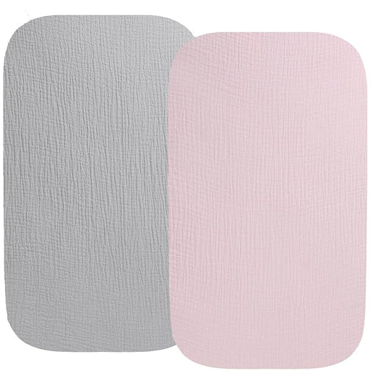 Muslin Bassinet Sheet Compatible with Mika Micky Bedside Sleeper 2 Pack Cotton Stylish Boho Fitted Bassinet Sheets Super Soft for Baby Grey & Pink