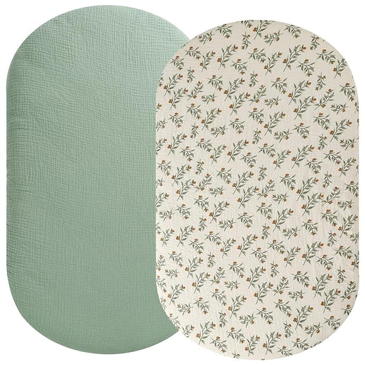 Muslin Bassinet Sheet Compatible with Dream On Me Poppy,Delta Children Sweet Dreams,Sweet Beginnings,Sweet Slumber Bedside Bassinet, 2 Pack Cotton Fitted for Baby Roman Green & Botanical Leaf