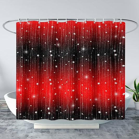 AILONEN White Star Shower Curtain,Starry Sky Waterproof Fabric Shower Curtain Sets for Girls Kids Teens, 72" W*78" H Black and Red Theme Shower Curtain