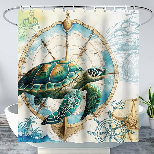 AILONEN 3D Sea Turtle Shower Curtain,Green Sea Turtle Shower Curtain for Bathroom,Nautical Anchor Waterproof Fabric Shower Curtain Set with Hooks,72" W*96" H