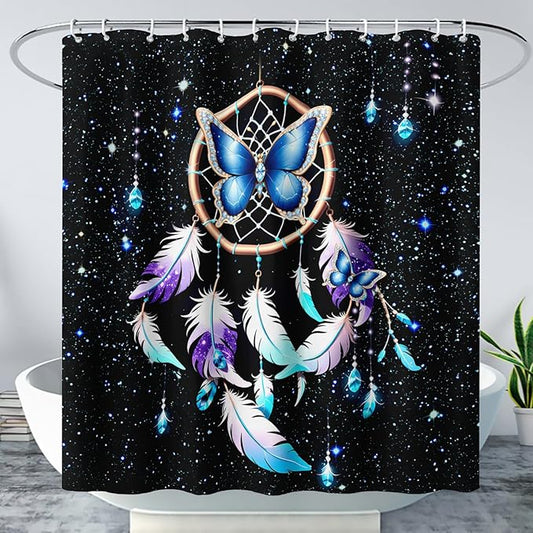 AILONEN Butterfly Dreamcatcher Shower Curtain, Blue Starry Galaxy Butterfly Bath Curtain,Dream Catcher Feather Print Waterproof Bathroom Curtain with 12 Plastic Hooks for Girls Women 72" W*84" H