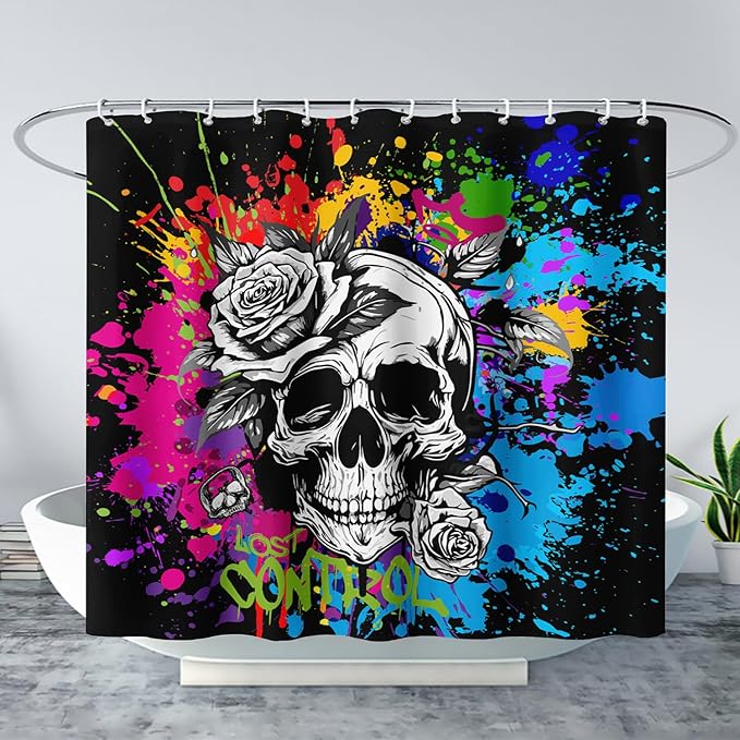 AILONEN Rose Skull Shower Curtain for Bathroom,Colorful Graffiti Art Bathroom Curtain for Kids Boys Girls,Bath Curtain 60" W*72" H Polyester Waterproof Bathroom Curtain with 12 Hooks