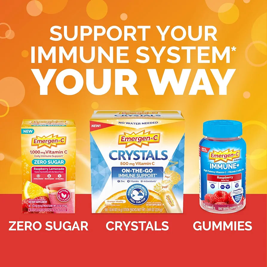 Emergen-C 1000mg Vitamin C Immune Support Powder Raspberry 30CT includes Zinc, Manganese, 7 B Vitamins and Electrolytes for Back to School Essentials