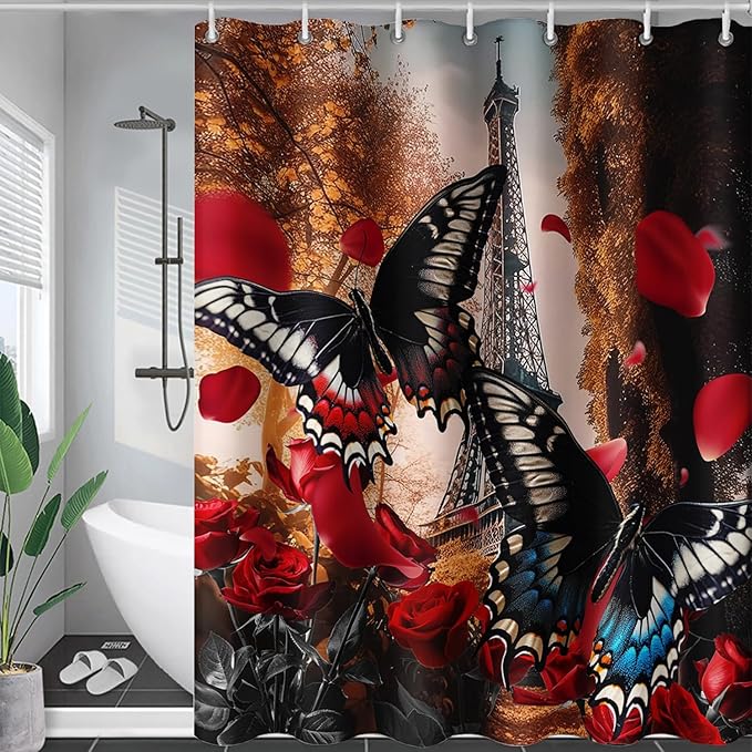 AILONEN Butterfly Shower Curtain for Bathroom,Romantic Red Rose Flower Butterfly Bath Curtain 60" W*72" H,Retro Eiffel Tower Decoration Waterproof Bathroom Curtain with 12 Plastic Hooks