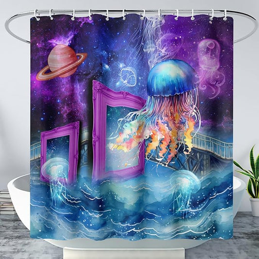 AILONEN Colorful Jellyfish Shower Curtains,Purple Galaxy Bath Curtains,Planet Jellyfish Curtains for Kids Boys Girls,Polyester Waterproof for Bathroom with 12 Hooks,72" W*78" H Purple