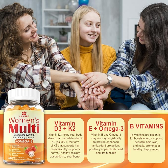 Womens Multivitamin Gummies, Sugar-Free Methylated Multivitamins w/D3 + K2, Vegan Omega 3, Algae Calcium, Daily Vitamin A C E B6 B12 Folate, Inositol, Minerals for Energy, Mood, Bone, Hormore, 60 Cts