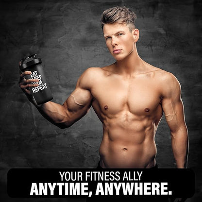 Shaker Bottles for Protein Shakes 24oz, Plastic Bottle for Pre and Post Workout, Protein Shaker Bottle with Wire Whisk Ball, Shaker Cup, Dishwasher Safe (EAT SLEEP GYM REPEAT, BLACK)