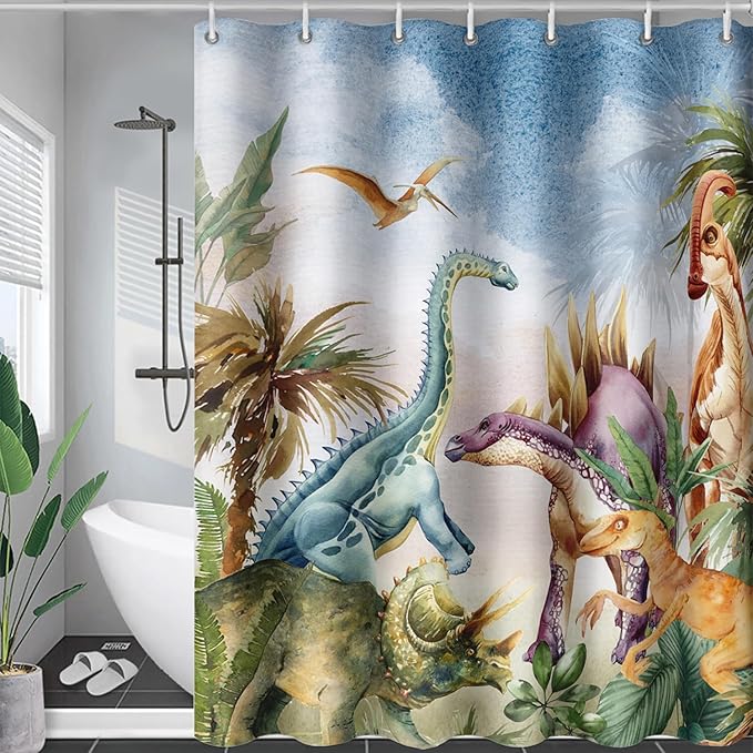 AILONEN Dinosaur Shower Curtain 36" W*72" H for Bathroom,3D Tropical Dinosaur Bathroom Shower,Cartoon Dinosaur Boys Bath Curtain Polyester Waterproof Shower Curtain with Hooks