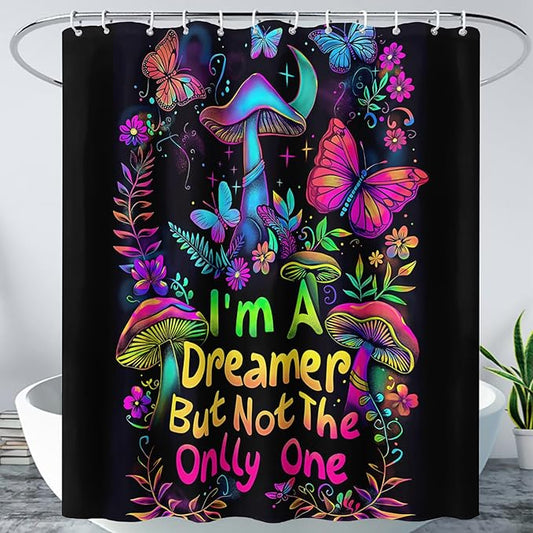 AILONEN Mushroom Shower Curtain,Colorful Butterfly Flower Decoration,Polyester Fabric,Waterproof,Botanical Fungus Plants Black Bath Curtains Washable,with 12 Plastic Hooks, 60" W x 72" H