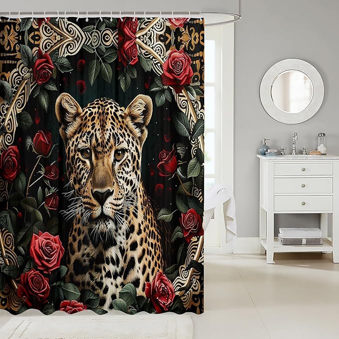 Feelyou Rose Leopard Bathroom Shower Curtain Set Boys Leopard Shower Curtain Leopard Bath Curtain for Kids Boys Girls Wild Leopard Kids Bathroom Accessories Wild Animal 72"x72"