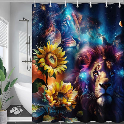 AILONEN Lion Shower Curtain for Kids Boys Teens,Galaxy Sunflower Lion Bath Curtain for Bathroom Decor,Modern Romantic Polyester Waterproof with 12 Plastic Hooks 60" W*72" H