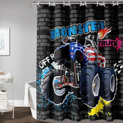 AILONEN Monster Truck Shower Curtain, Black Retro 3D Printed Truck Bath Curtain for Boys,Red Blue Truck Car Bathroom Decor Waterproof Fabric 60" W*72" H Inch with 12 Plastic Hooks