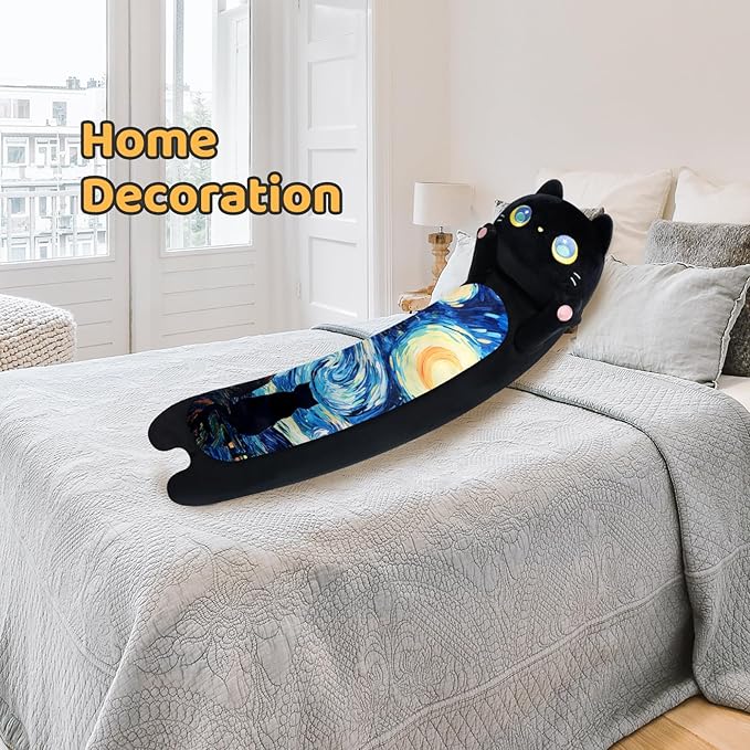 Long Cat Plush Kawaii Kids Plush Toy Pillows, Cute Black Cat Stuffed Animals Soft Plushies, Kitten Big Plush Toys Throw Body Pillow Doll Gift for Girls Boys (Black Starry Cat 53 Inch)