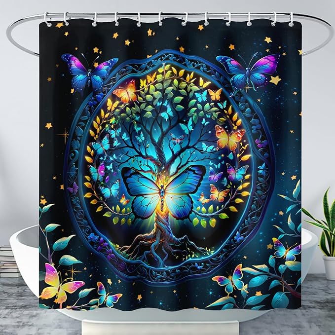 AILONEN Tree of Life Shower Curtain for Bathroom,Glowing Butterfly Starry Bath Curtain,Modern Tree Floral Print Curtain Decoration Waterproof with 12 Plastic Hooks for Boys Girls Adults 60" W*72" H