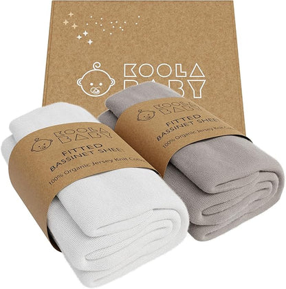 Bassinet Fitted Sheets - Compatible with Baby Delight Beside Dreamer Bassinet & Baby Joy Bedside Sleeper | 100% Organic Jersey Cotton - White + Grey | 33X20 (2 Pack)