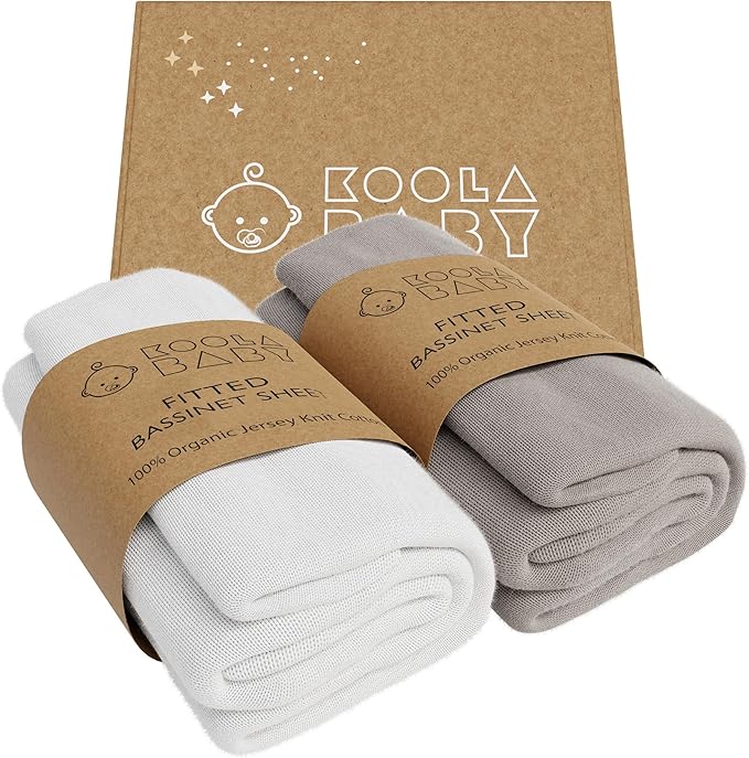 Bassinet Fitted Sheets - Compatible with Fodoss, Mika Micky & Dream on Me Poppy Traveler Bassinet | 100% Organic Jersey Cotton - White + Grey | 32x19 (2 Pack)