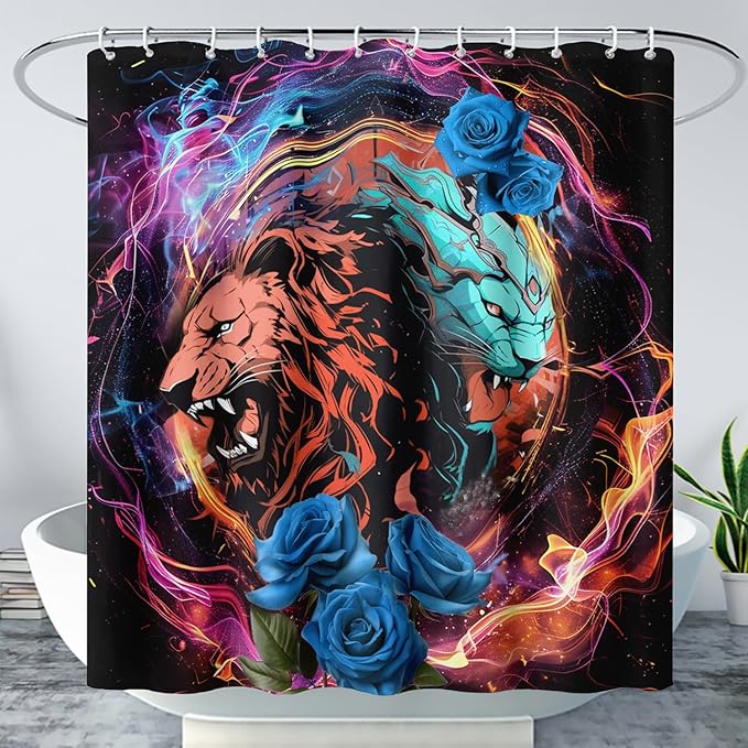 AILONEN Howling Lion Leopard Print Shower Curtain,Cartoon Animal Lion Theme Kids Boys Bath Curtain,Modern Fantasy Colorful Waterproof Decor Shower Curtain, 60" W x 72" H