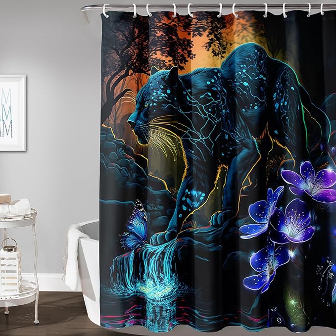 AILONEN Black Panther Shower Curtain,Glowing Panther Print Bath Curtain for Kids Boys Men,Wildlife Forest Cheetah Leopard Waterproof Shower Curtain for Bathroom, 48" W x 72" H