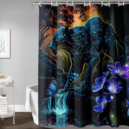 AILONEN Black Panther Shower Curtain,Glowing Panther Print Bath Curtain for Kids Boys Men,Wildlife Forest Cheetah Leopard Waterproof Shower Curtain for Bathroom, 36" W x 72" H