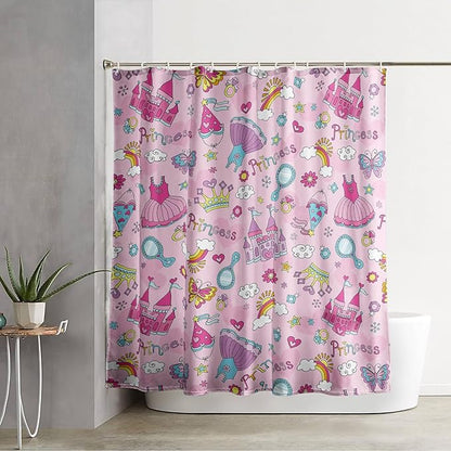 AILONEN Princess Dress Shower Curtain,Cartoon Sparkling Star Diamond Waterproof Shower Curtain Set for Girls Kids Teens, 36" W*72" H Pink Castle Jewelry Shower Curtain for Bathroom