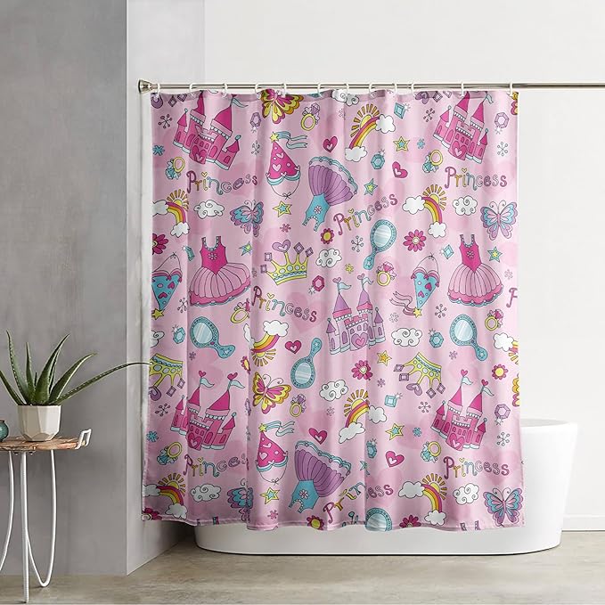 AILONEN Princess Dress Shower Curtain,Cartoon Sparkling Star Diamond Waterproof Shower Curtain Set for Girls Kids Teens, 72" W*78" H Pink Castle Jewelry Shower Curtain for Bathroom