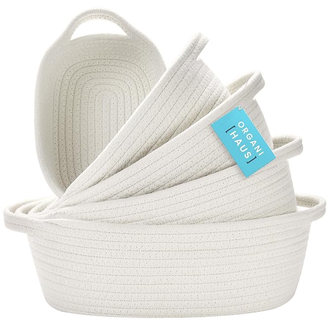 OrganiHaus Set of 5 White Rectangle Bathroom Storage Baskets for Organizing, Small Woven Baskets for Storage Baskets for Bathroom, Nursery Storage Basket for Baby Nursery Organization, Cute Bins