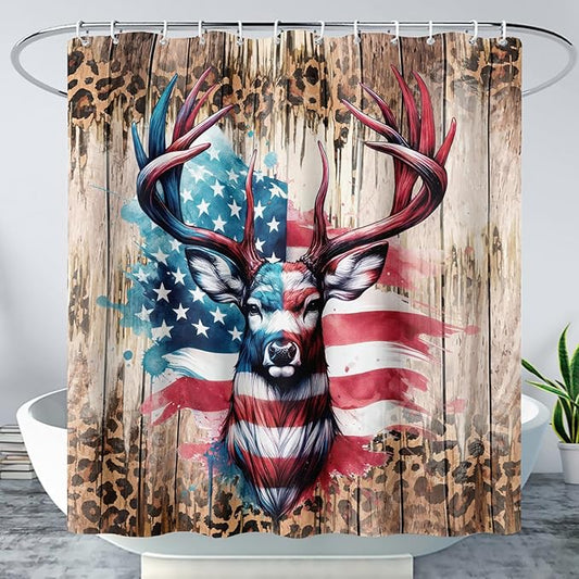 AILONEN Deer Hunting Shower Curtain for Bathroom Decor,American Flag Elk Bath Curtain for Kids Boys Teens,Safari Deer Print Curtain,Polyester Waterproof with 12 Plastic Hooks 48" W*72" H