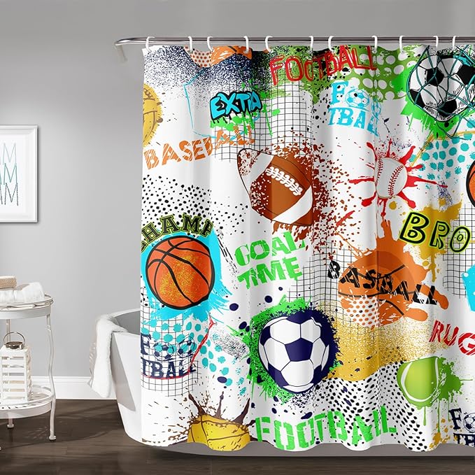 AILONEN Sport Shower Curtain,Graffiti Basketball Football Baseball Rugby Sport Art Bath Curtain Minimalist Bathroom Curtain 72" W*78" H Polyester Waterproof Bathroom Curtain with 12 Hooks